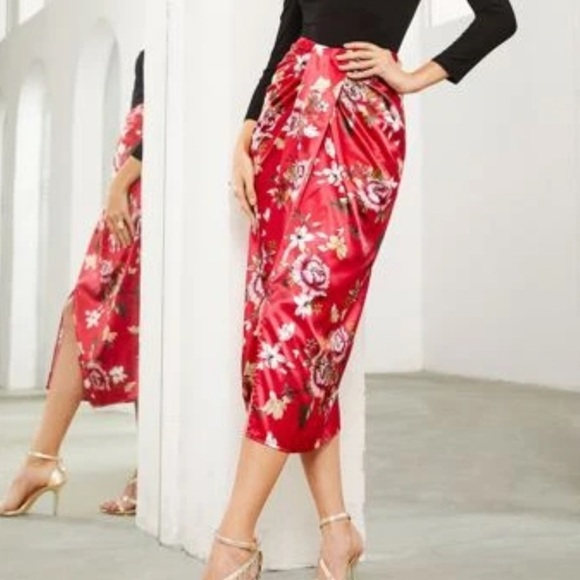 SHEIN Dresses & Skirts - Shein X Dr Kholoud Red Satin Floral Midi Skirt